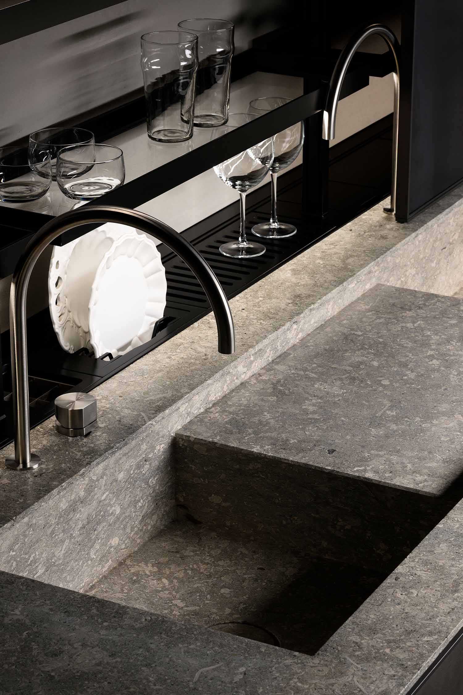Luxury double sink created with the same Vincenza stone worktop surface.