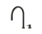 Black curved pull-out outdoor kitchen tap. Outdoor kitchens designed and fitted by Krieder in the UK and Europe.
