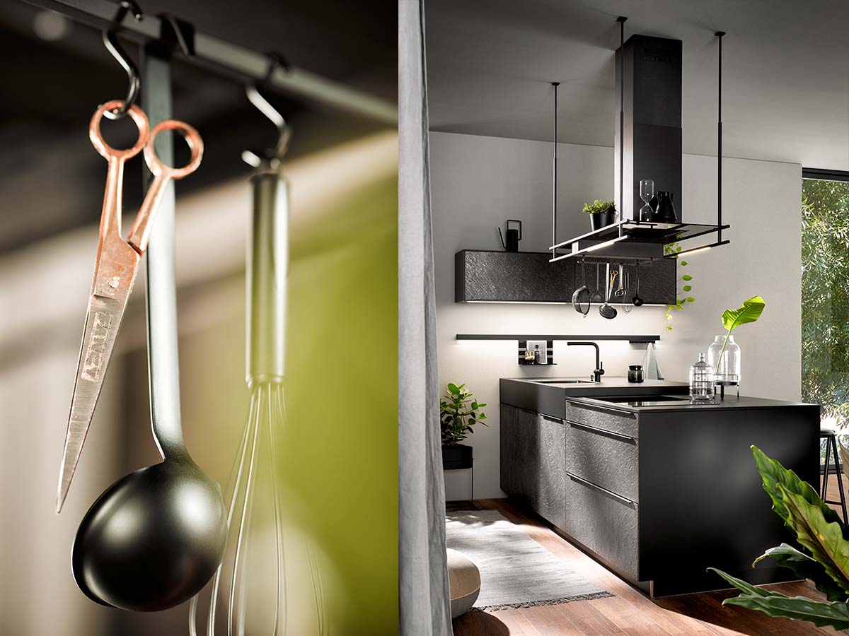 Design tips for small kitchens Small modern kitchen design with dark units and hanging storage accessories by Krieder UK